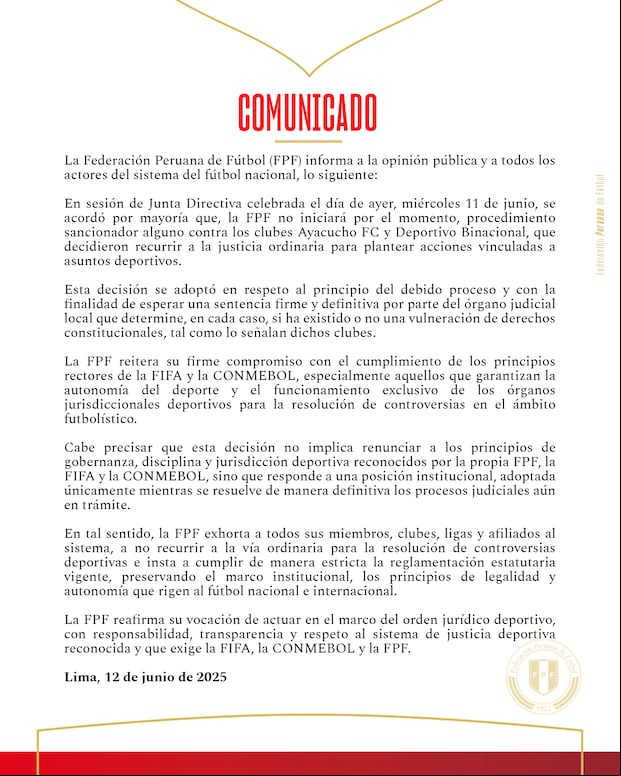 FPF se pronunció sobre los casos de Ayacucho FC y Binacional.